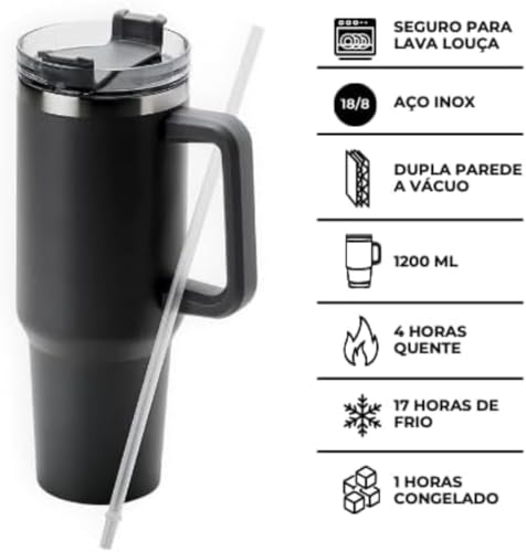 Copo Garrafa Térmica em Aço Inox Com Alça e Canudo 1200ml (Rosa)
