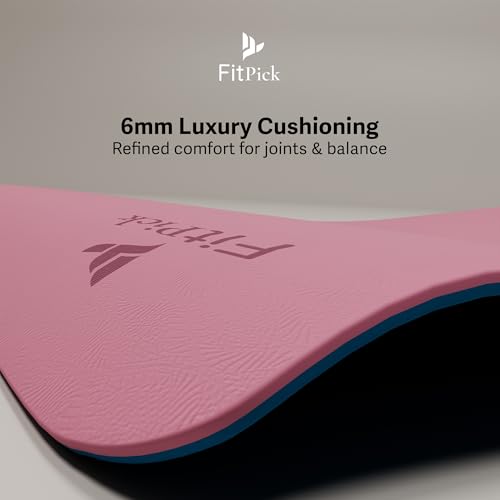 Image of FIT PICK Pro Yoga Mat for Women & Men | High Density TPE Yoga Mat with 6mm Cushion | Non-Toxic, Sweat-Resistant & Double Sided Anti-Slip Exercise Mat | Lightweight & Portable with Carry Bag (Pink Sapphire)