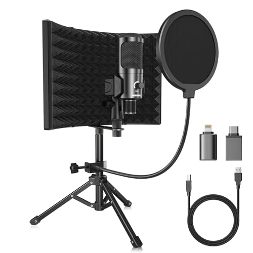 Studio Recording Microphone Isolation Shield with Pop Filter and Metal Tripod Stand USB Condenser Mic to PC Laptop Smartphone, Mic for Recording Singing Podcasting