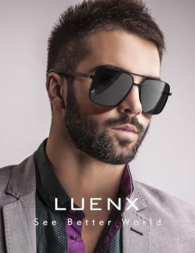 Image of LUENX Polarized Square Aviator Sunglasses for Men,Trendy Retro Oversized Rectangular Frame UV400 Protection