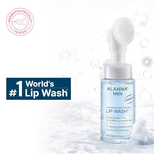 Image of ALANNA Lip Wash for Men | Advanced Foaming Lip Scrub & Exfoliator for Dry, Dark & Lip Pigmentation | Remove Chapped Lips & Sun Tan | 1% PHA & .5% Ferulic Acid - Brightening Lip Care for Smokers, 30ml