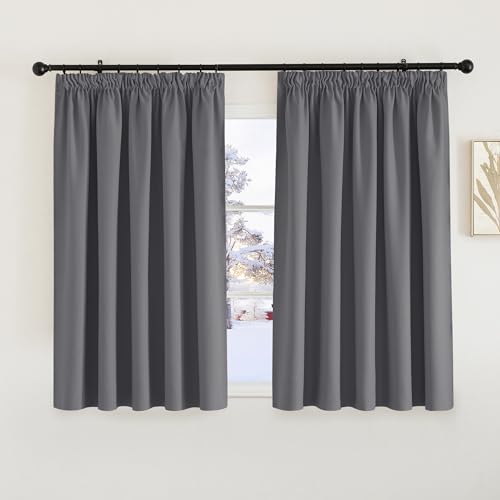 PONY DANCE Gray Blackout Curtains 66x54 for Bedroom Pencil Pleat Thermal Curtains with Hooks for Track Rail, W66 X L54, 2 Panels, Grey