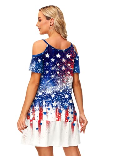 Image of Deerose Womens 4th of July Dresses Cold Shoulder American Flag Tie Dye A-Line Dress with Pockets
