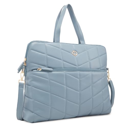 Image of Caprese Julie Laptop Bag Powder Blue Chic Quilted Office Handbag, fits 16 inch Laptop with smart Sleeve, Adjustable Strap, Ideal for Work