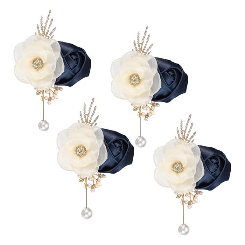 Boutonnieres de rosa azul marino de seda con perla artificial para traje de novio de 4 piezas