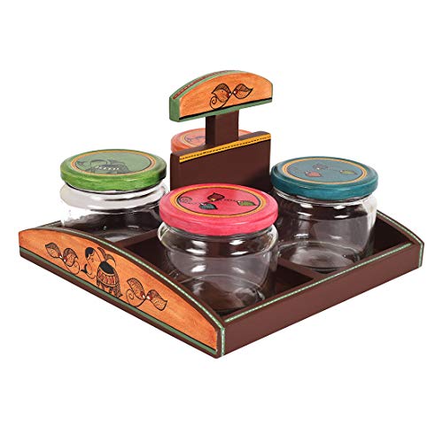 Image of AAKRITI ART CREATIONS Snacks & Cookies Glass Jars Set of 4 | Handcrafted Madhubani Art Storage Set | Natural Brown Matte Finish | Kitchen Jars with Wooden Tray | Dining Table & Kitchen Organizer