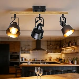 Deckenstrahler 3 Flammig, Schwenkbar 350°, Vintage Deckenlampe LED Deckenleuchte, E14 Fassung Industrial Holzmaserung Spotbalken für Küche, Wohnzimmer, Schlafzimmer, Schwarz (Ohne Leuchtmittel)
