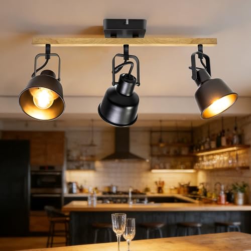 Deckenstrahler 3 Flammig, Schwenkbar 350°, Vintage Deckenlampe LED Deckenleuchte, E14 Fassung Industrial Holzmaserung Spotbalken für Küche, Wohnzimmer, Schlafzimmer, Schwarz (Ohne Leuchtmittel)