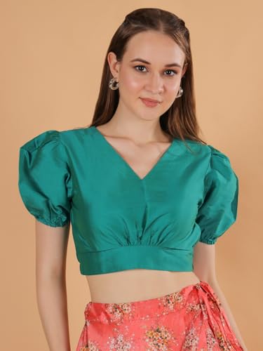 Image of Frolic Rolic Premium Silk V-Neck Blouse Readymade Saree Blouse - Designer Puff Sleeve Blouse for Wedding