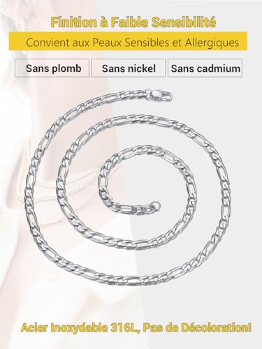 PROSTEEL Chaine Figaro Acier Inoxydable Homme 46cm, Femme Collier Chaine Figaro 4mm, Collier Enfant Argent – vue 3