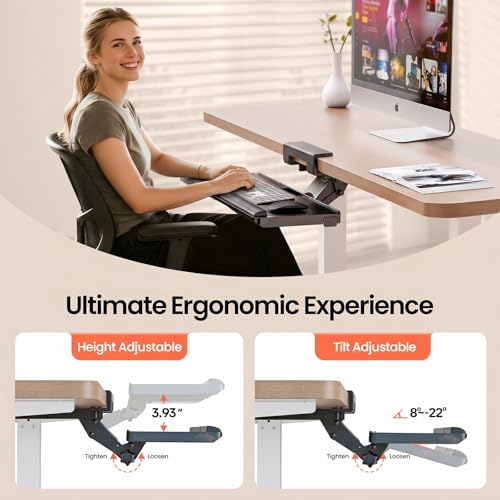 Klearlook Upgraded Ergonomic Keyboard Tray Under Desk, Adjustable Sliding Keyboard Platform Holder, Keyboard Stand with Wrist Rest & Storage Drawer for Home, Office and Gaming, 24.4\"x10\"