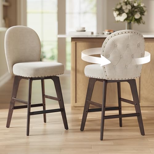 VASAGLE Bar Stools Set of 2, Swivel Counter Height Bar Stools with Back and Wood Legs, Chenille Fabric Upholstered Barstools, 26.2-Inch Tall Counter B