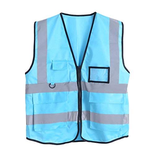 Cuigu Gilet de sécurité Hi-Vis avec Fermeture à glissière Veste réfléchissante Gilet de sécurité 5 Poches (Bleu Ciel)