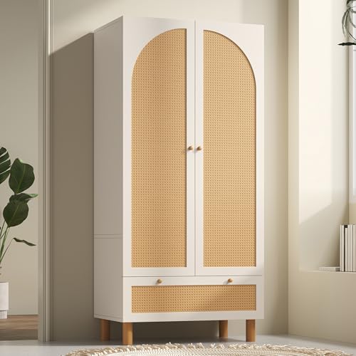 Moimhear Armario de 2 Puertas en ratán, Estilo rústico, con estantes y Barra Regulables en Altura y Dispositivo antivuelco, Color Blanco+Madera (85.5x52x180.5cm)