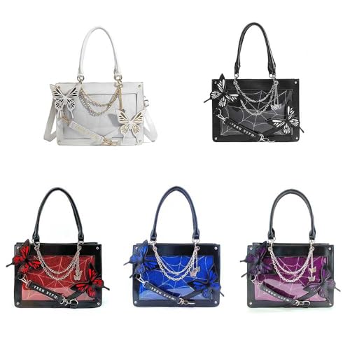 Butterfly Handbag, Large Capacity Square Handbag, Gothic Spider Web Black Series Leather Bag 5