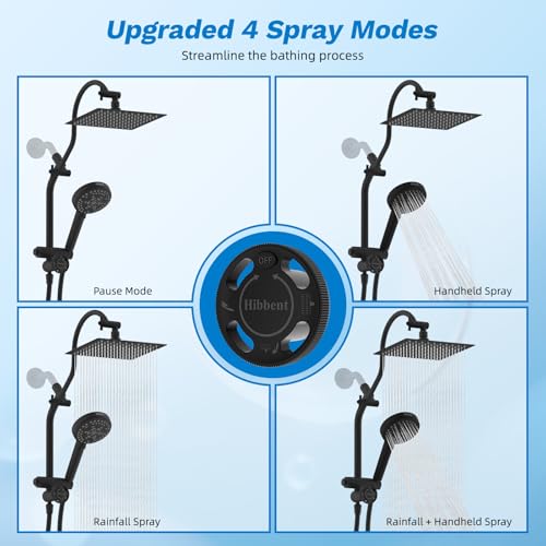 Image of Hibbent High Pressue All Metal 8 inch Rainfall Shower Head, Handheld 10-Spray | cUPC Certified Matte Black Dual Showerhead Combo, 4-way Diverter with Pause Mode, Brass Extension Arm, 71'' Hose & Holder