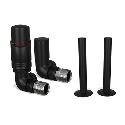 UK Radiators Black Thermostatic Radiator Valves and Corner Lockshield Valve - Black and Matt Finish - Classy and Modern Design 1/2" x 15mm Corner Radiator Valves - with Black Matte 130mm Pipe Covers