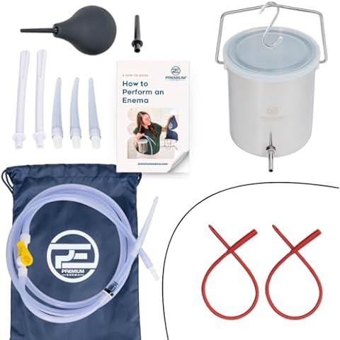 PE Premium Enema Stainless Steel Coffee Enema Bucket Kit with 2 Pack Red Latex Catheters. Suitable for Coffee and Water Colon Cleansing. 2 Quart Capacity, 6.75 Foot Long Hose, 7 Tips Cover