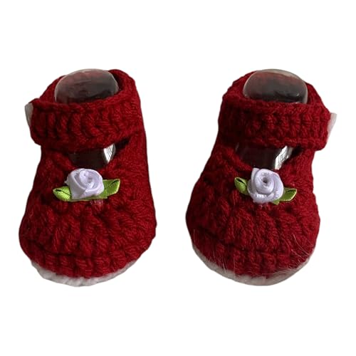 Handmade Baby Girl Crochet Mary Jane Shoes, Red Cotton with White Rose, Soft Knit Booties for Newborn2