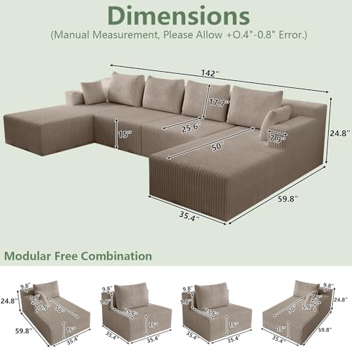 Image of 142 inch Cloud Sectional Boneless Couches for Living Room, Modular U Shaped Couch with 2 Chaise, Modern Comfy Deep Seat Corduroy Memory Foam Compressed Sofa for Apartment, Camel