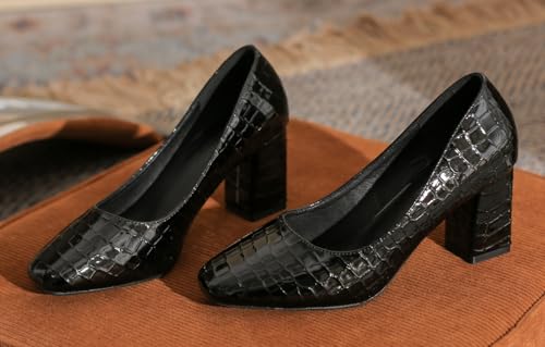 LizFoYa Women Embossed Square Toe Dress Pumps Polished Leather Dress Block High Heels Office Shoes2