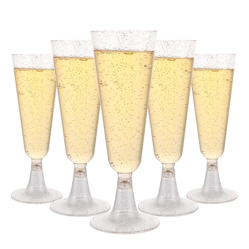 LOPYXBR 80 copas de champán de plástico, 150 ml, copas de champán de plástico con purpurina dorada, reutilizables, de plástico, para cumpleaños, bodas, fiestas, picnics al aire libre