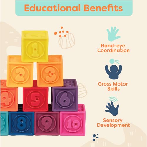 Battat B. toys – One Two Squeeze Blocks – Bloques de construcción para niños – Juguetes educativos para bebés de 6 meses en adelante, con números, formas, animales y texturas – 10 bloques suaves apilables (BX1002Z)