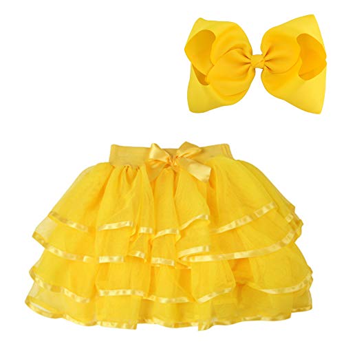 BGFKS 4 Layered Tulle Tutu Skirt for Girls with Hairbow or Birthday Sash Girl Ballet Tutu Skirt (Yellow 5-7 Years)