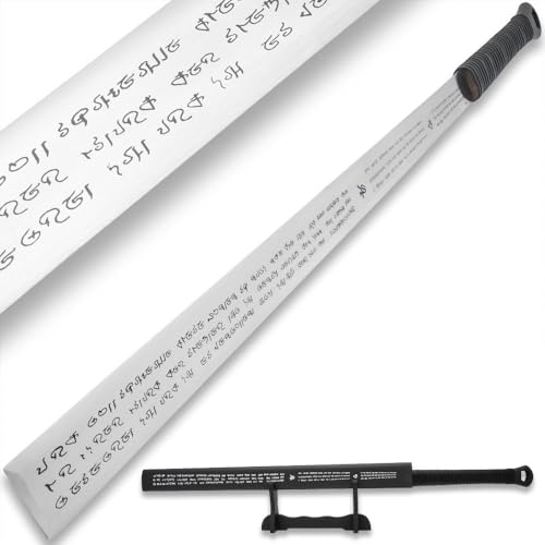 K EXCLUSIVE Full Tang Triple Edged Sword | Detailed Inscriptions | Hardwood Handle with Black Leather Wrap | Matching Scabbard | Display Stand Included | Overall 41 1/4"
