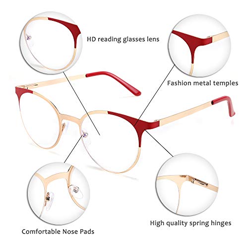 Feisedy Fashion Round Frame Reading Glasses Women Men Anti-Reflective Reader B2656 (Red, 2.5) #TOP5