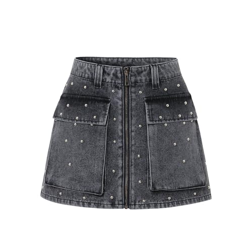 Women's Sparkly Rhinestone Zipper Front Denim Mini Skirt with Pockets