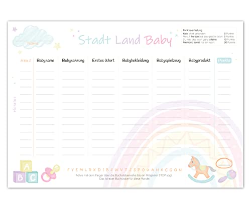 Stadt Land Fluss Baby Spielblock, Babyparty Babyshower Spiel, Spieleblock zum Ausfüllen für Mädchen & Junge, Geschenk Quiz Block DIN A5 mit 50 Seiten, Partyspiel (1x)