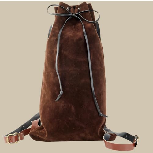 Image of GORGECRAFT Medieval Backpack Drawstring Fibre Bag with PU Leather Straps and Alloy Clasps Portable Pouch for Viking LARP Renaissance Outdoor Activities Cosplay Gym Workout Saddle Brown 18x10.8 inch