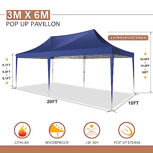 Image of COBIZI 10x20 Pop up Canopy Tent with 6 Sidewalls, Easy Set up Canopy Tents Gazebos for Parties with Metal Frame, Waterproof & UV50+, Height Adjustable, Potable Carry Bag (Blue)