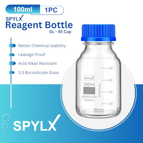 Image of Borosilicate Glass reagent bottle 100 ml with leak proof Blue Screw Cap pack of 1 for glassware wide mouth chemical bottles for lab, laboratory, kitchen and professional use