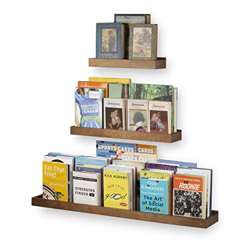 Wallniture Philly Floating Shelves for Wall, Wood Tray Bookshelves for Living Room Decor, Kids Room and Nursery Decor Set of 3 Walnut
