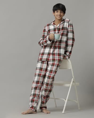 Image of Under Fourteen Boys Cotton Night Suit Set | Soft Breathable 2Pcs Sleepwear /Nightwear /Sleepsuit /Loungewear Co-Ord | Checks Top & Pyjama | Elastic Waist & Pockets | Multicolor Pajama Party & Gifting Set