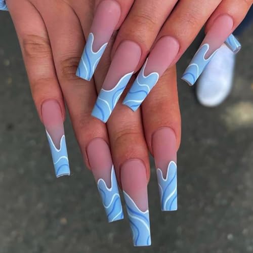 Brishow Coffin Long Stick-On Nails - Pink and Blue Spray Press-On Ballerina Acrylic French Fake Nails - 24pcs for Women and Girls (Blue)