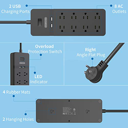 25 Ft Extension Cord Flat Plug, Ntonpower 8 Outlet Surge Protector Power Strip With Usb Ports, 15A Circuit Breaker, Wall Mount Surge Protector For Home, Office, Workbench Or Garage, Etl Listed, Black #TOP7