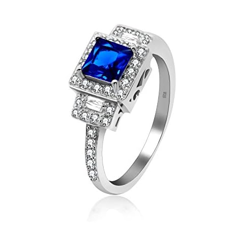 Uloveido 925 Sterling Silver Square & Round Blue Zircon Christian Cross Rings Square Cushion Cut Lab Sapphire Blue CZ Half Eternity Wedding Ring 3g (Blue, Size S) JZ102 Cover