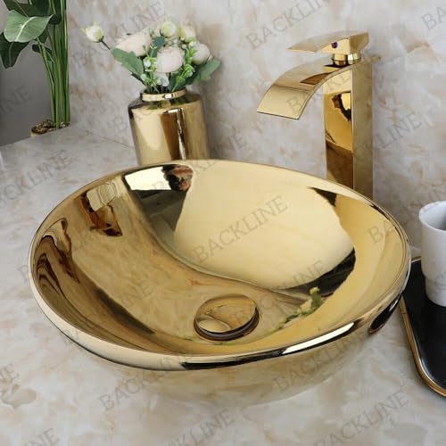 Image of Backline Wash Basin for Bathroom | Tabletop Wash Basin | Countertop Basins | Vessel Sink for Bathroom, Dining Hall. Vanity, Hotel, Living Room 41 X 34 X 14 cm (Gold Glossy) (Only Basin)