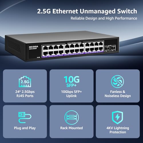 Image of 24 Port 2.5Gb + 2 Port 10Gb SFP+ Ethernet Switch, NICGIGA 26 Port 2.5G Network Switch Unmanaged, Plug & Play, Desktop or 19-inch Rack Mount, Fanless Metal Design.