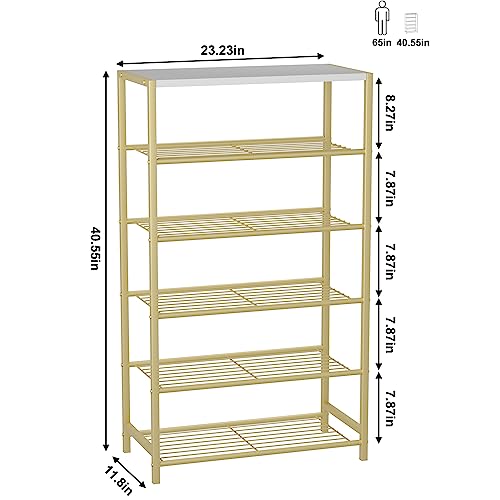 Image of HOMEFORT Shoe Rack 6-Tier, Shoe Storage Shelf, Industrial Shoe Tower, Narrow Shoe Organizer for Closet Entryway, Small Shoe Rack Table with Durable Metal Shelves,Gold