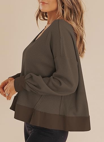 Dokotoo Womens Spring Outfits V Neck Waffle Knit Tops Cropped Sweaters Long Sleeve Pullover Crop Top3