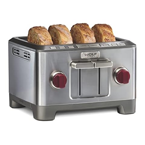 Wolf Gourmet 4-Slice Extra-Wide Slot Toaster with Shade Selector, Bagel and Defrost Settings, Red Knob, Stainless Steel (WGTR154S) Cover