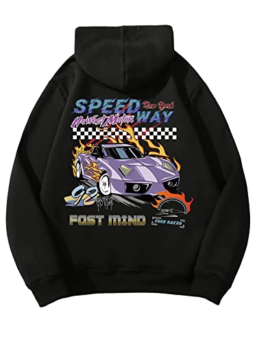 Wdirara Men's Playing Card Print Pocket Drawstring Long Sleeve Hoodie Sweatshirt Tops Pullovers Black Car L #TOP25