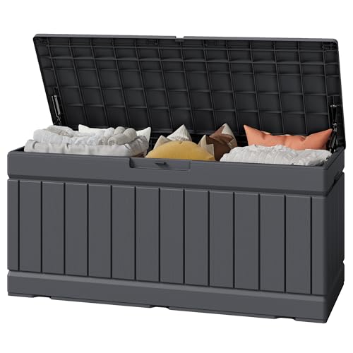 Image of Greesum Outdoor Storage Box 82 Gallon Storage Bin with Lid for Patio Furniture, Garden Tools, Pool Supplies, Waterproof and UV Resistant, Lockable, Gray