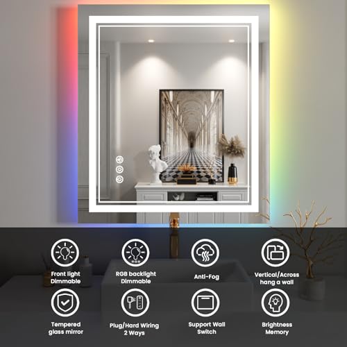 28x32 inch LED Bathroom Mirror with RGB Lights Color Changing Backlit Mirror Shatterproof Dimmable Anti-Fog Lighted Vanity Mirror (RGB Multicolor Backlit + Adjustable Front-Lighted)