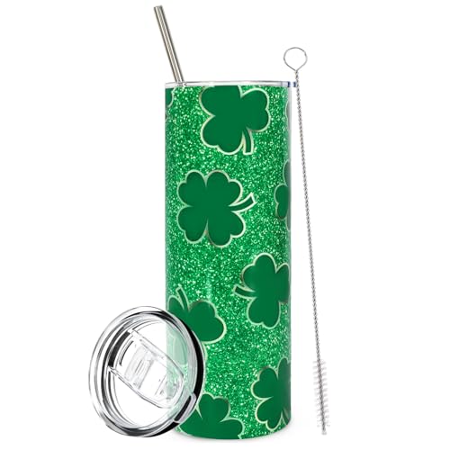 JarThenaAMCS St. Patrick's Day Tumbler with Lid and Straw Stainless Steel Cup Green Lucky Shamrock Clover Tumbler Cup for Irish Holiday Party Decor Home Office Supplies