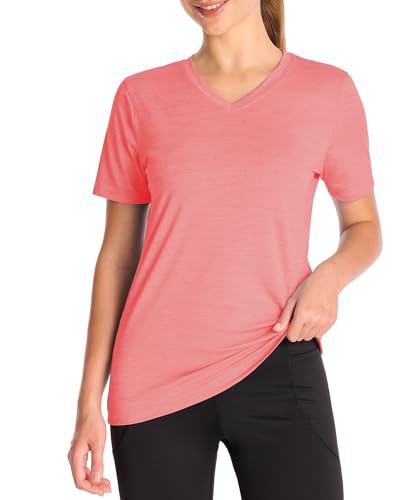 Image of Runhit Women's T-Shirt Short Sleeve UV Sun Protection Shirt V-Neck UPF 50+ Quick Dry Lightweight Gym Running Sports Workout Yoga Tops L Orange Pink